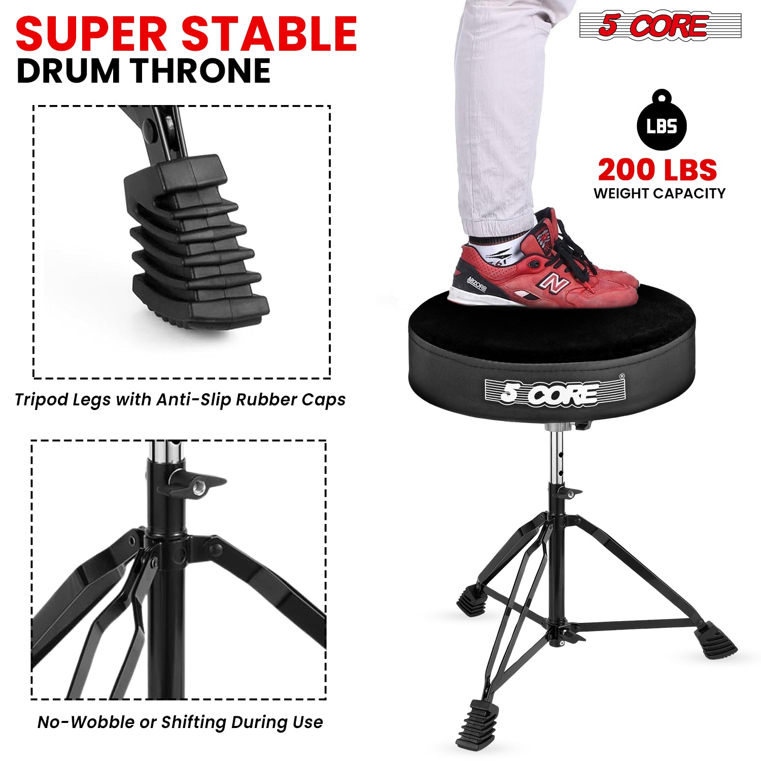 5Core Drum Throne Padded Guitar Stool Adjustable Drummer Seat for Adults & Kids VELVET BLACK